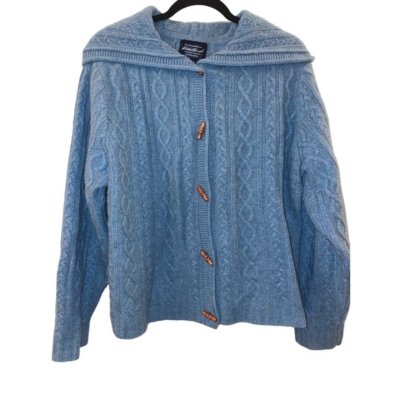 Eddie Bauer Women’s XL Blue Lamb's Wool Hooded Long Sleeve Cable knit Cardigan - Picture 1 of 12